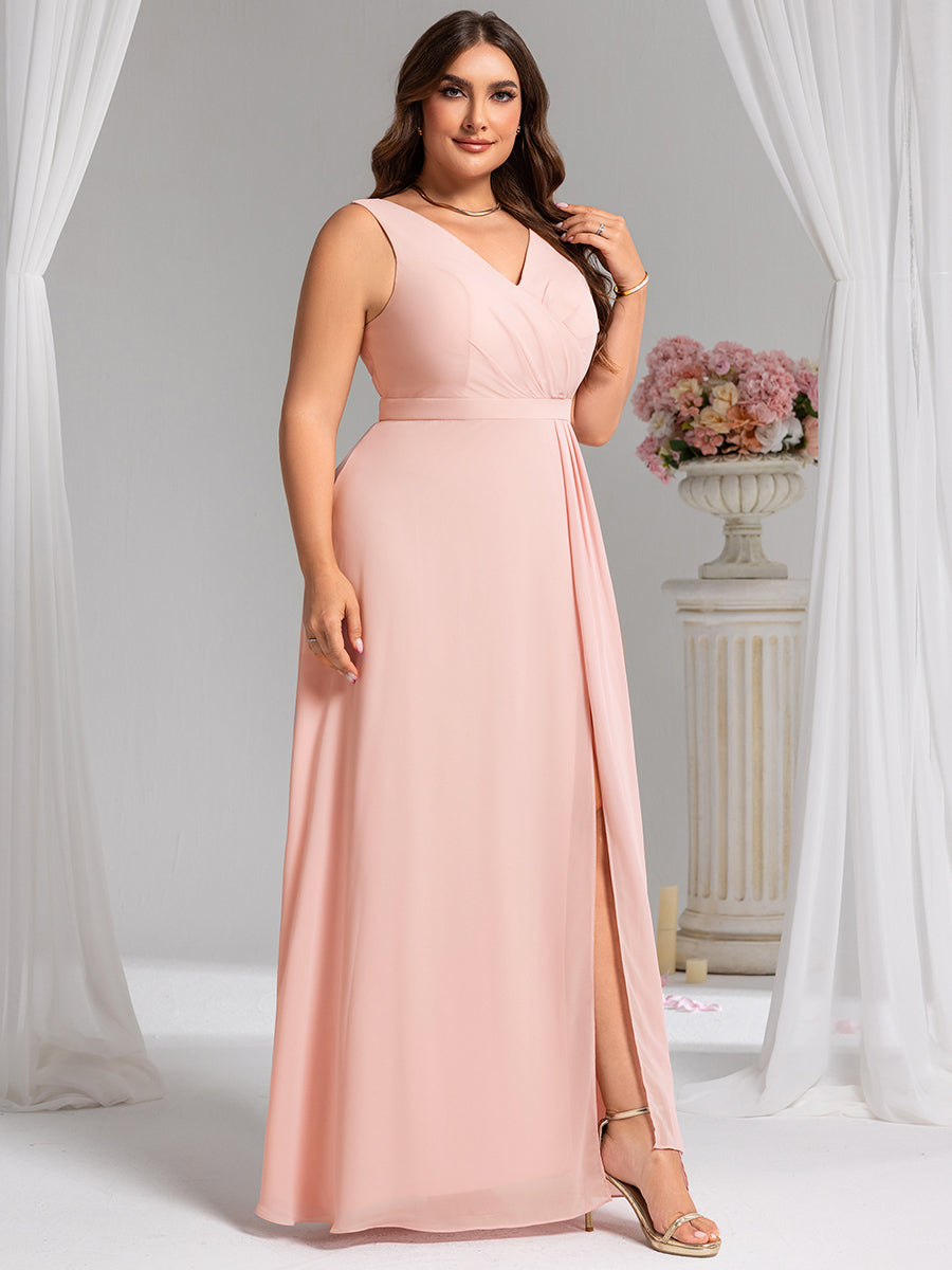 Color=Pink | Wholesale Plus Size V-Neck A-Line Sleeveless Slit Bridesmaid Dresses-Pink 34