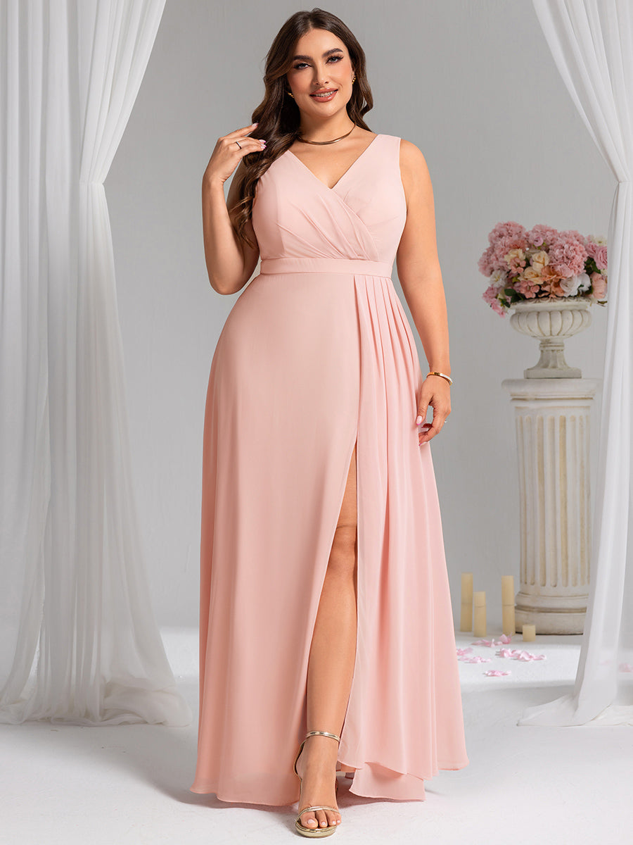 Color=Pink | Wholesale Plus Size V-Neck A-Line Sleeveless Slit Bridesmaid Dresses-Pink 35