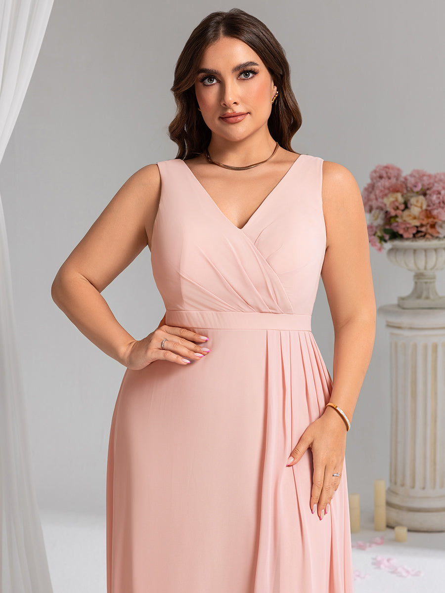 Color=Pink | Wholesale Plus Size V-Neck A-Line Sleeveless Slit Bridesmaid Dresses-Pink 33