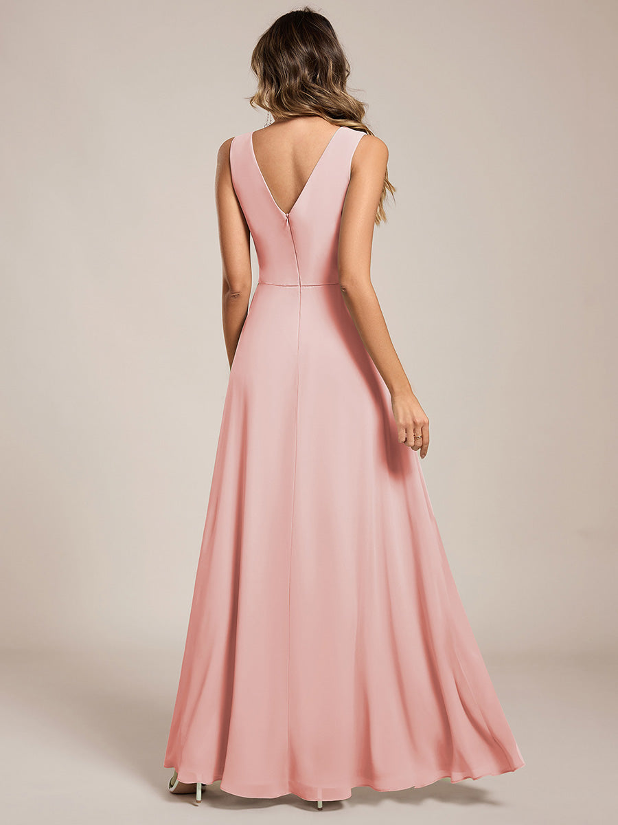 Color=Pink | Wholesale V - Neck A - Line Sleeveless Split Floor - Length Bridesmaid Dresses-Pink 12