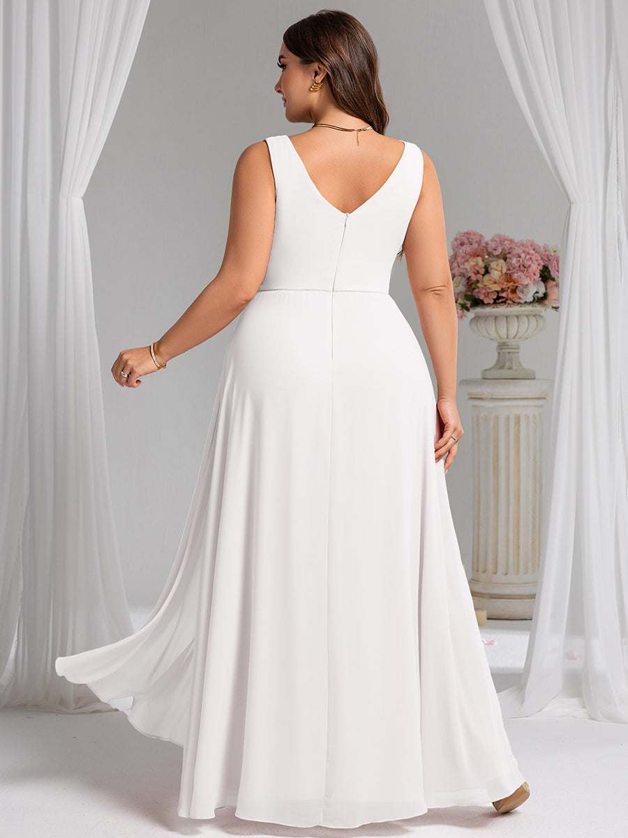 Color=White | Wholesale Plus Size V-Neck A-Line Sleeveless Slit Bridesmaid Dresses-White 37