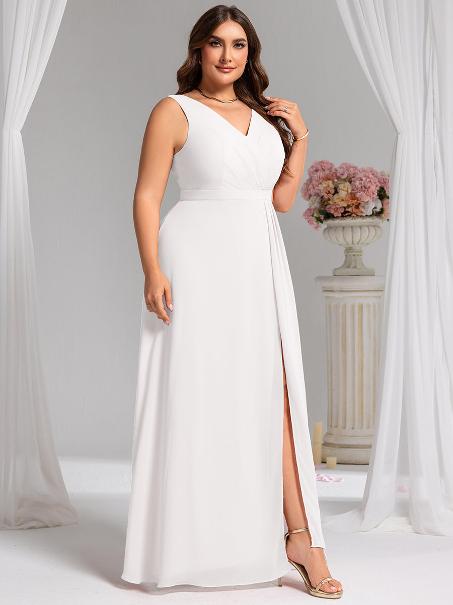 Color=White | Wholesale Plus Size V-Neck A-Line Sleeveless Slit Bridesmaid Dresses-White 39