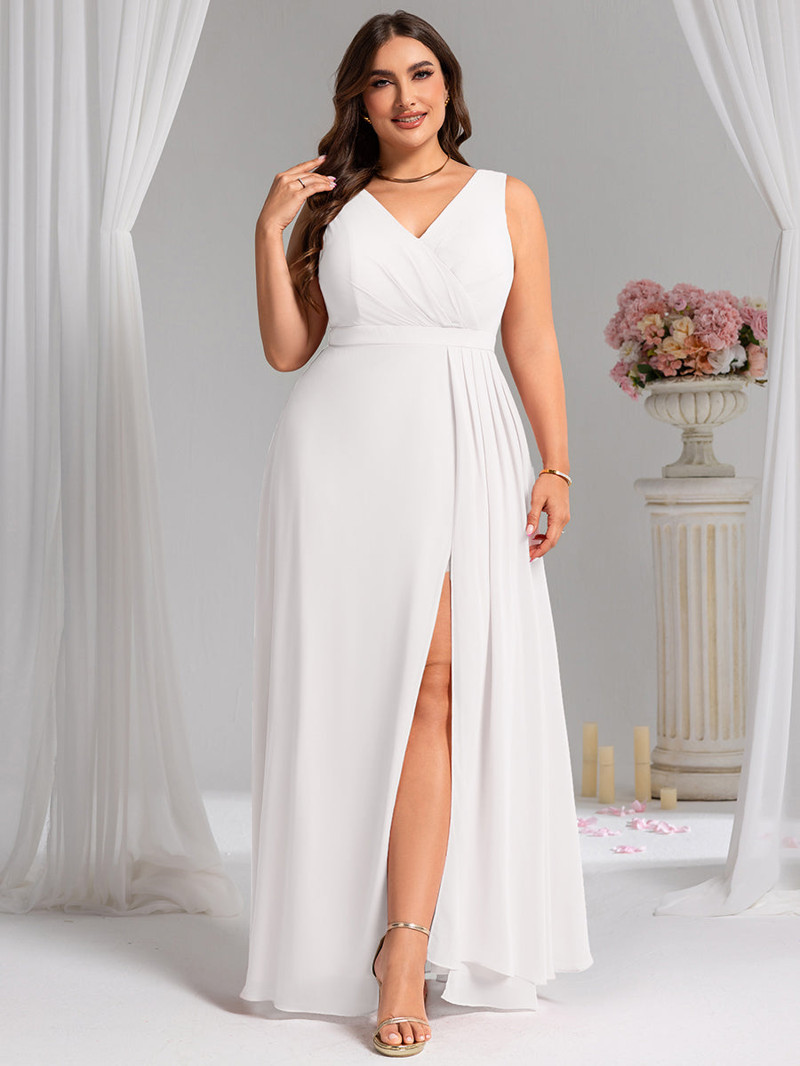 Color=White | Wholesale Plus Size V-Neck A-Line Sleeveless Slit Bridesmaid Dresses-White 40