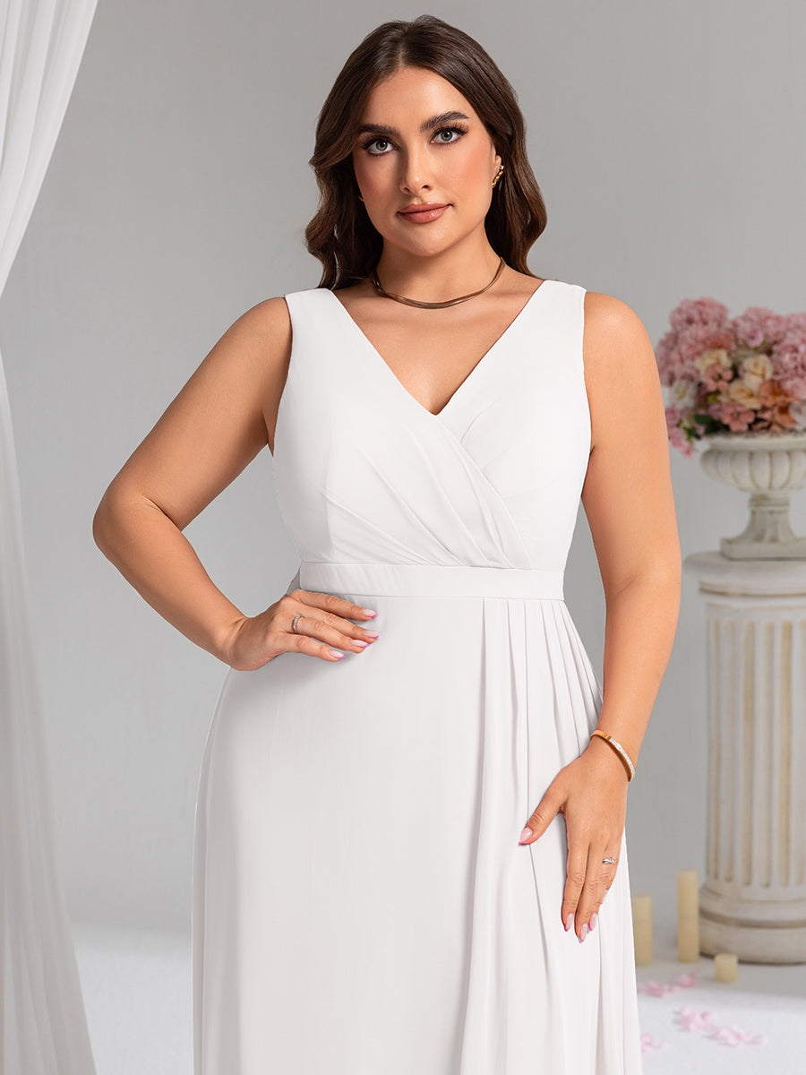 Color=White | Wholesale Plus Size V-Neck A-Line Sleeveless Slit Bridesmaid Dresses-White 38