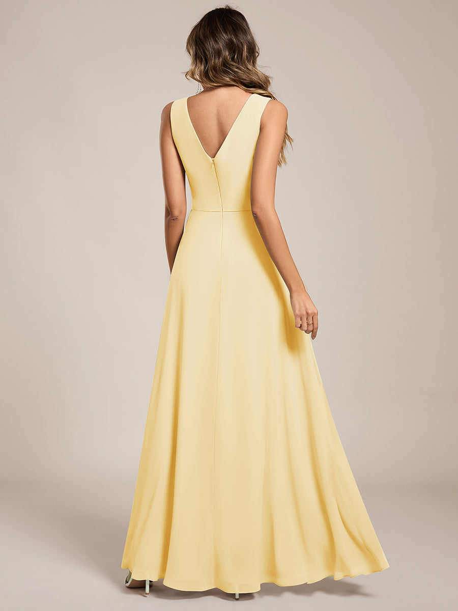 Color=Yellow | Wholesale V - Neck A - Line Sleeveless Split Floor - Length Bridesmaid Dresses-Yellow 17