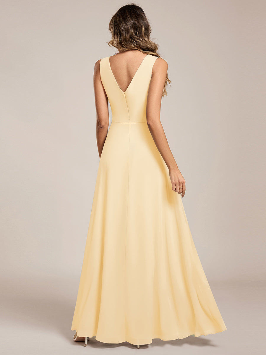 Color=Yellow | Wholesale V - Neck A - Line Sleeveless Split Floor - Length Bridesmaid Dresses-Yellow 17