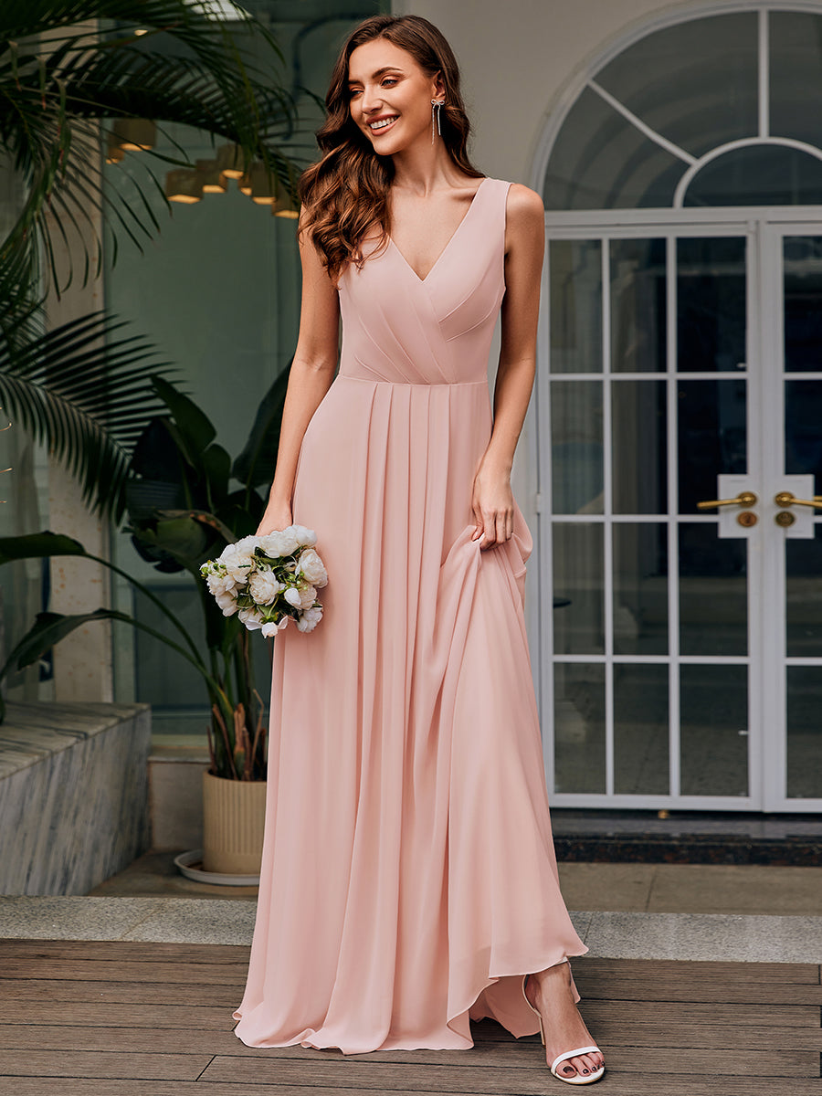 Color=Pink | Ever Pretty Wholesale Drape Neck, Applique & See-Through Chiffon Bridesmaid Dress-Pink 1