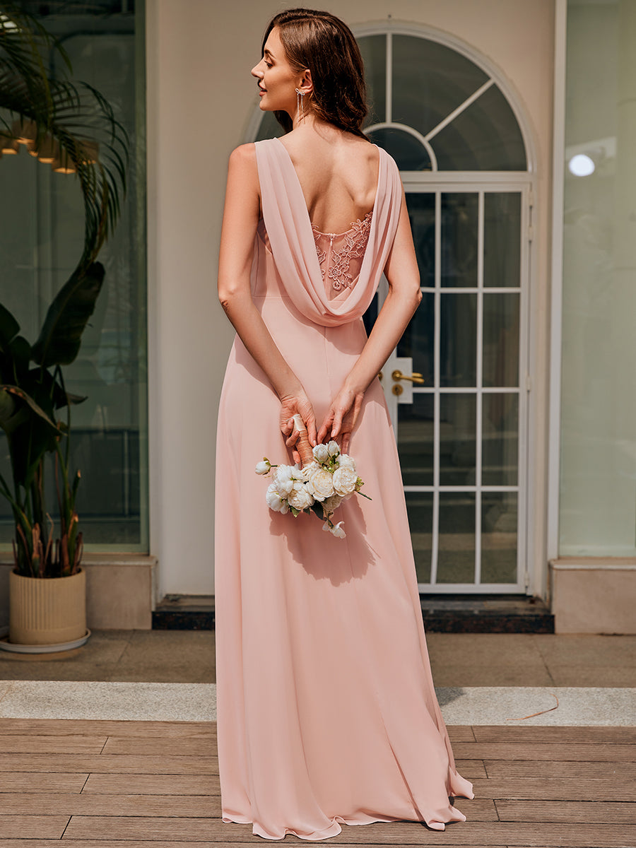 Color=Pink | Ever Pretty Wholesale Drape Neck, Applique & See-Through Chiffon Bridesmaid Dress-Pink 2