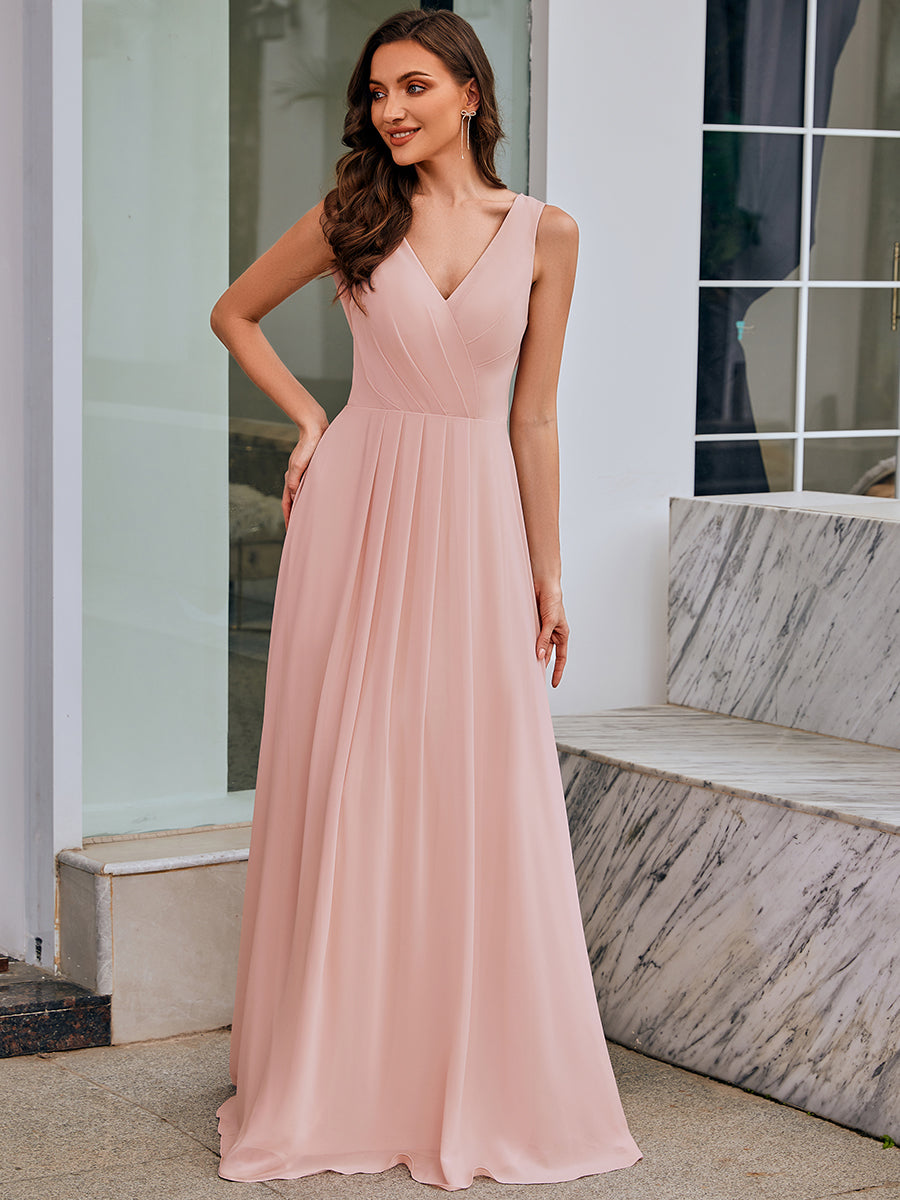 Color=Pink | Ever Pretty Wholesale Drape Neck, Applique & See-Through Chiffon Bridesmaid Dress-Pink 3