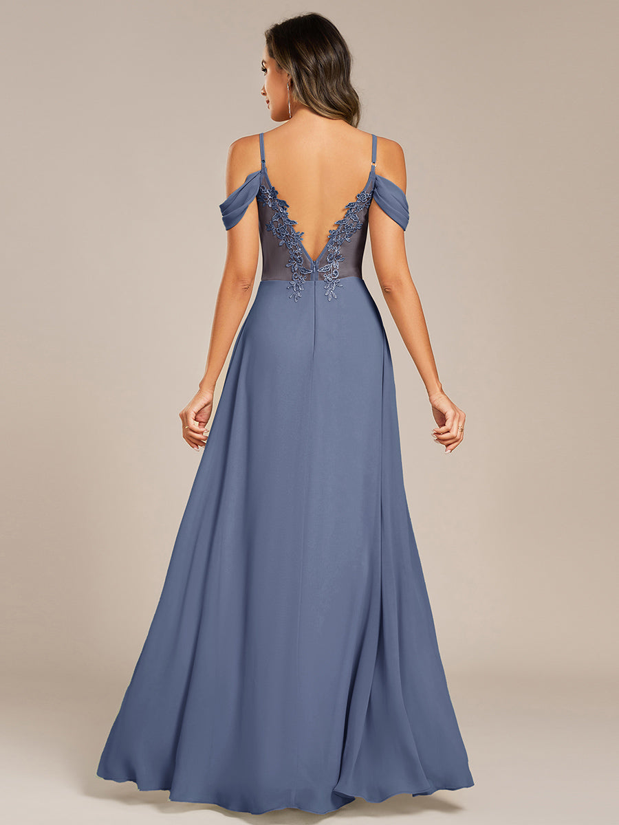 Color=Dusty Blue | Fast Delivery Short Sleeve V-Neck Appliques A-Line Floor Length Bridesmaid Dresses-Dusty Blue 6