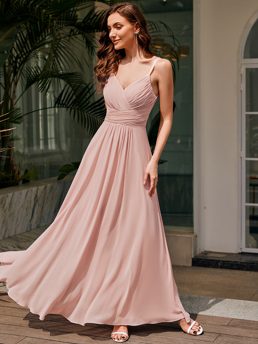 Color=Pink | Ever Pretty Wholesale Backless Chiffon Bridesmaid Dresses with Pleated & Applique Details-Pink 1