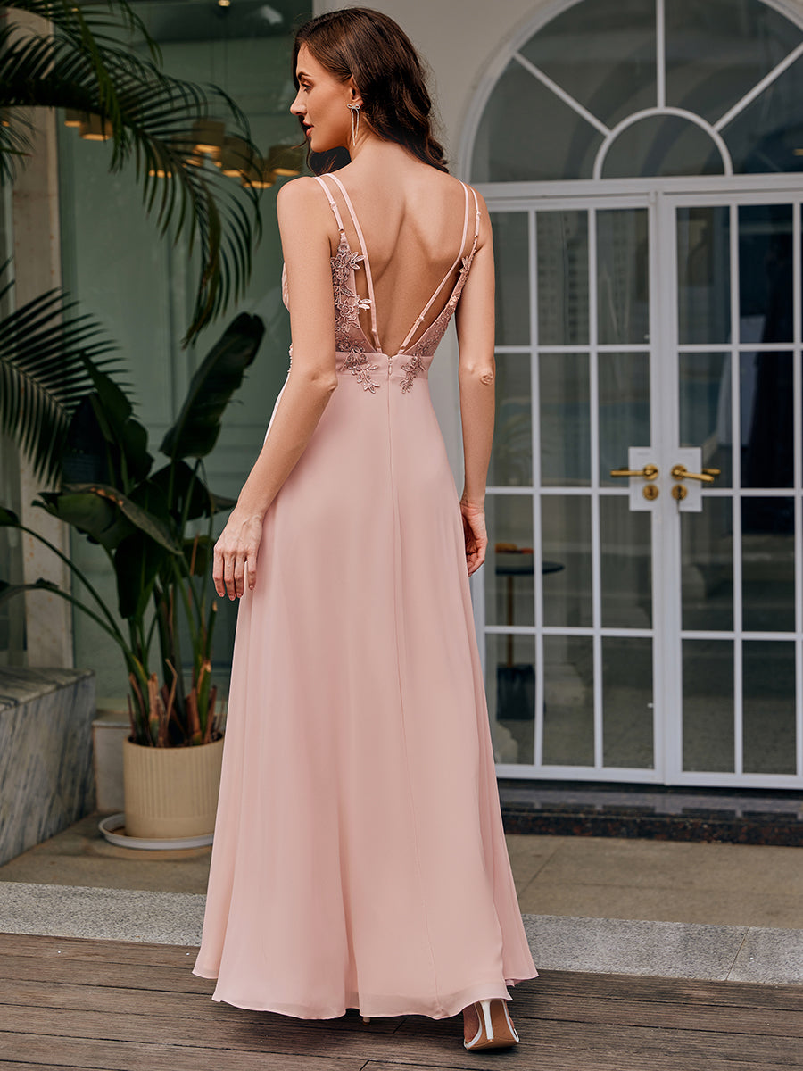 Color=Pink | Ever Pretty Wholesale Backless Chiffon Bridesmaid Dresses with Pleated & Applique Details-Pink 2