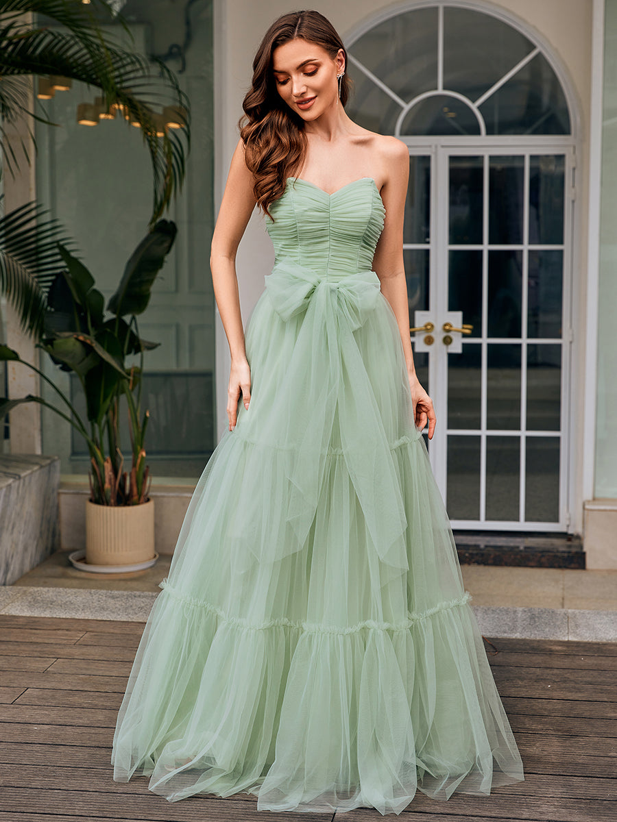 Color=Mint Green | Wholesale Sweetheart Neckline A-Line Sleeveless Long Tulle Bridesmaid Dress-Mint Green 1