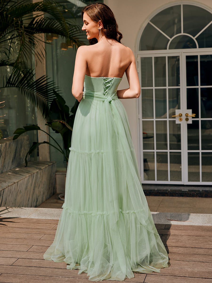 Color=Mint Green | Wholesale Sweetheart Neckline A-Line Sleeveless Long Tulle Bridesmaid Dress-Mint Green 2