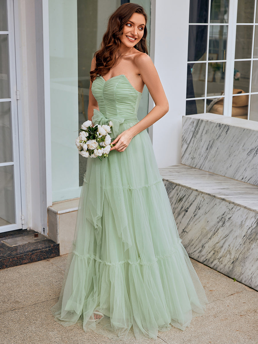 Color=Mint Green | Wholesale Sweetheart Neckline A-Line Sleeveless Long Tulle Bridesmaid Dress-Mint Green 3