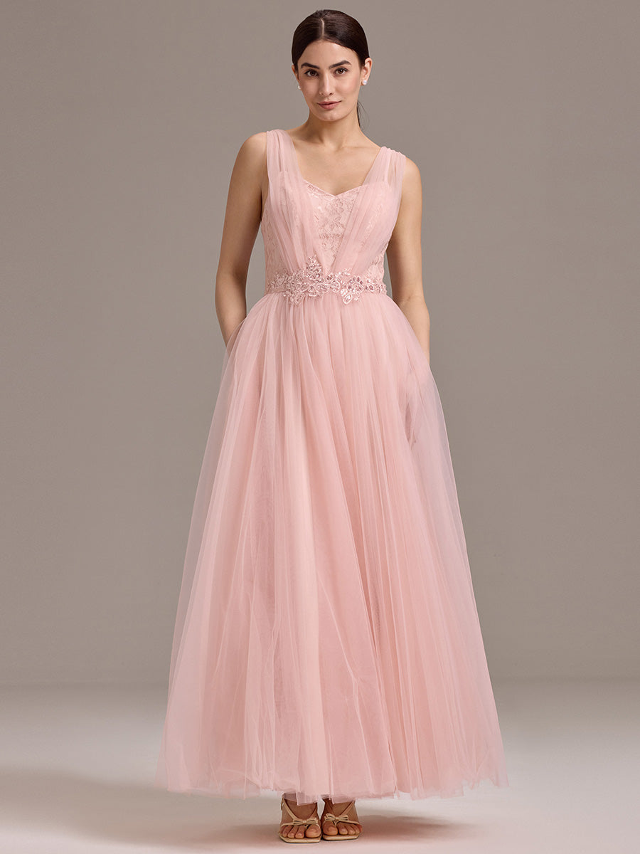 Color=Pink | Bulk Order Sleeveless V-Neck Floral A-Line Floor Length Dress with Back Zipper Bridesmaid Dresses-Pink 1