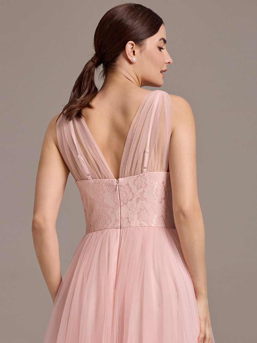 Color=Pink | Bulk Order Sleeveless V-Neck Floral A-Line Floor Length Dress with Back Zipper Bridesmaid Dresses-Pink 2