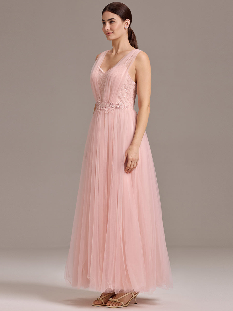 Color=Pink | Bulk Order Sleeveless V-Neck Floral A-Line Floor Length Dress with Back Zipper Bridesmaid Dresses-Pink 4