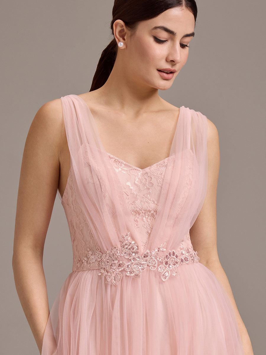 Color=Pink | Bulk Order Sleeveless V-Neck Floral A-Line Floor Length Dress with Back Zipper Bridesmaid Dresses-Pink 3