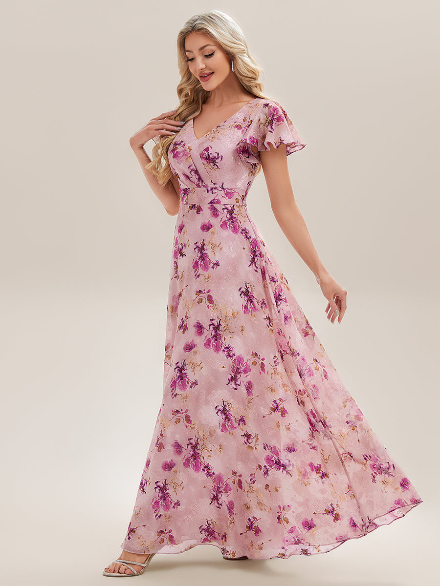 Color=Light Purple Print | Commercial Wholesale Short Sleeve V-Neck Floral Ruffle A-Line Floor Length Bridesmaid Dresses-Light Purple Print 4