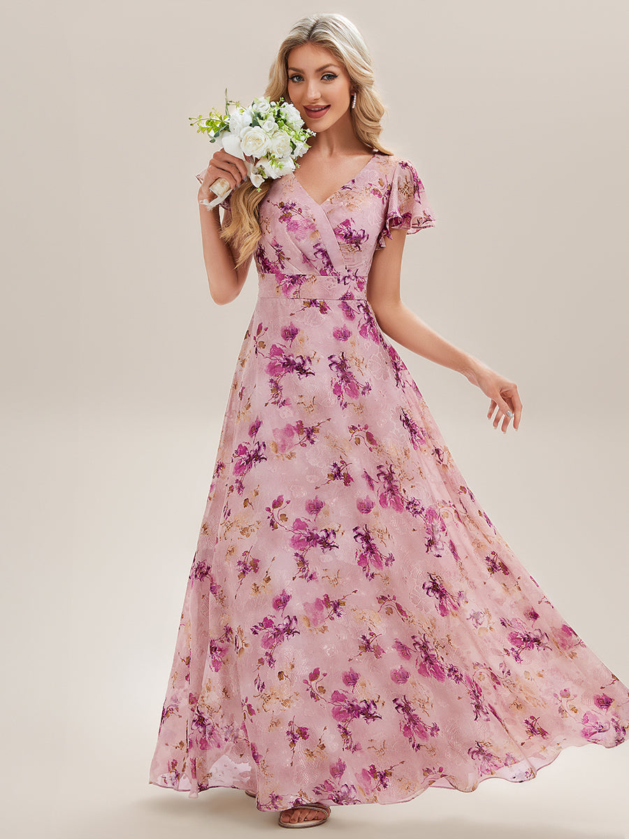 Color=Light Purple Print | Commercial Wholesale Short Sleeve V-Neck Floral Ruffle A-Line Floor Length Bridesmaid Dresses-Light Purple Print 5