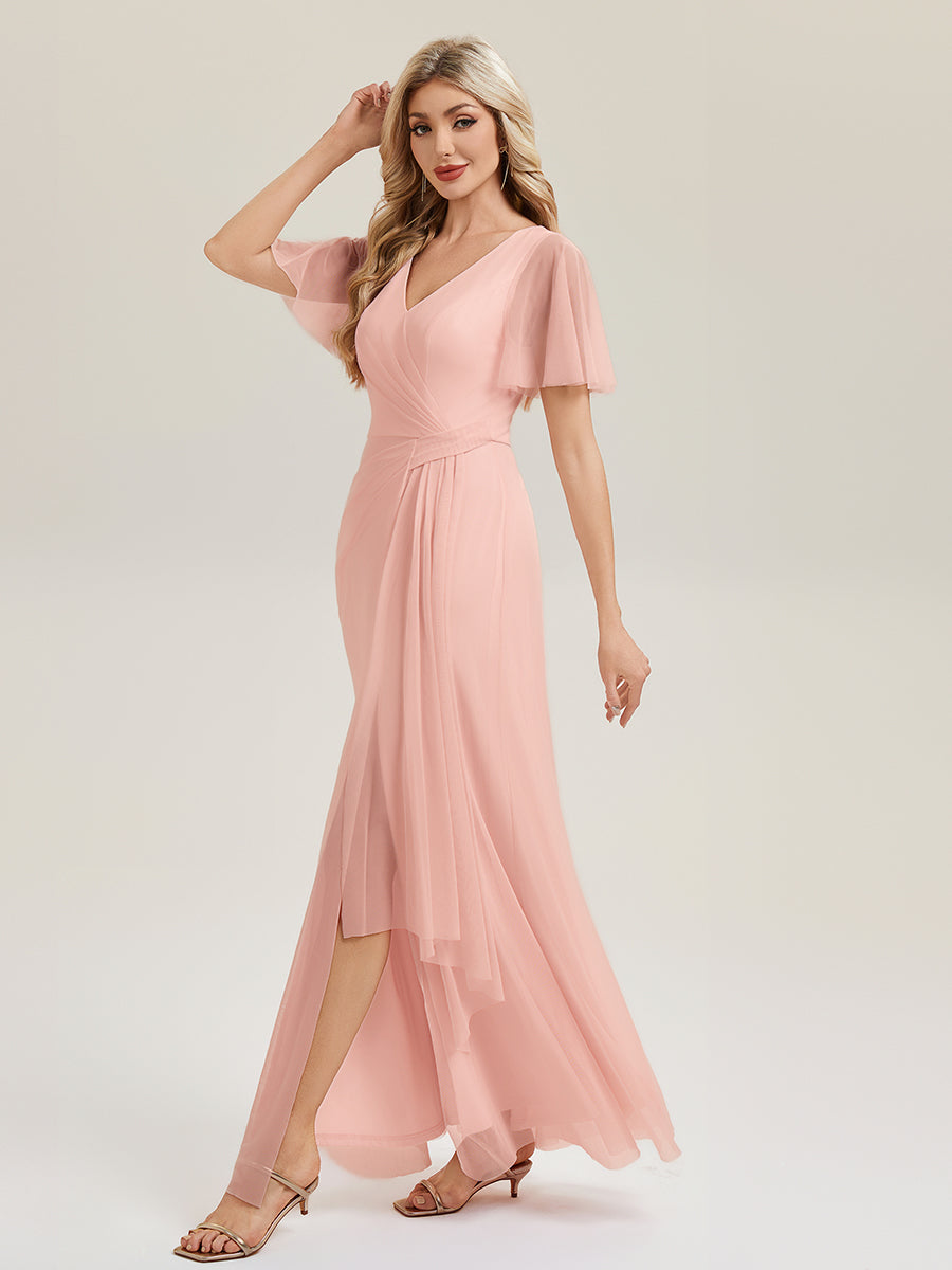 Color=Pink | Factory Design Short Sleeve Ruffle Deep V-Neck High Stretch A-Line Floor Length Bridesmaid Dresses-Pink 4