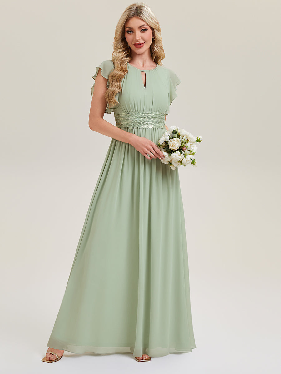Color=Mint Green | Fast Delivery Short Sleeve Ruffled Ruched Backless A-Line Floor Length Bridesmaid Dresses-Mint Green 5