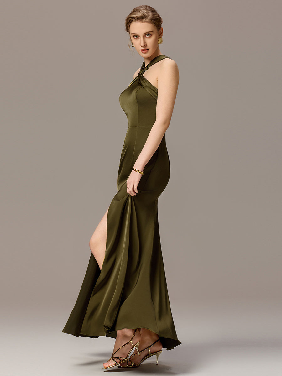 Color=Olive Green | Satin Cross Halter Sleeveless Maxi Bridesmaid Dress Custom-Olive Green 5