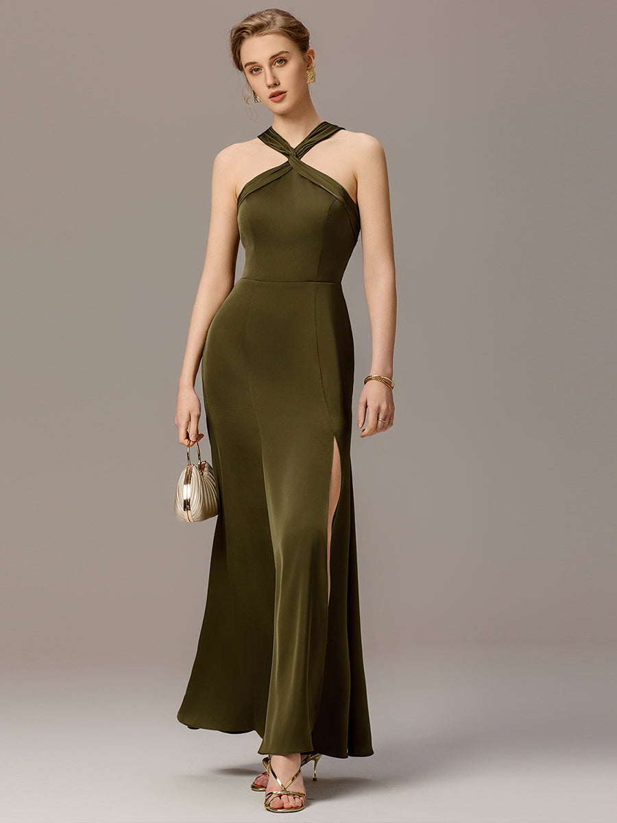 Color=Olive Green | Satin Cross Halter Sleeveless Maxi Bridesmaid Dress Custom-Olive Green 6