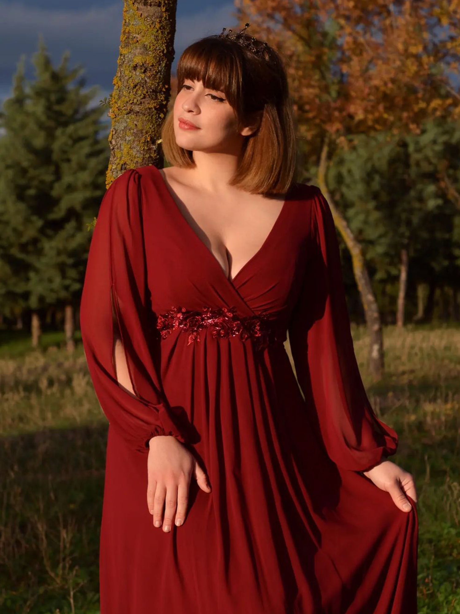 Color=Burgundy | Floor Length Long Lantern Sleeves Wholesale Formal Dresses-Burgundy 5