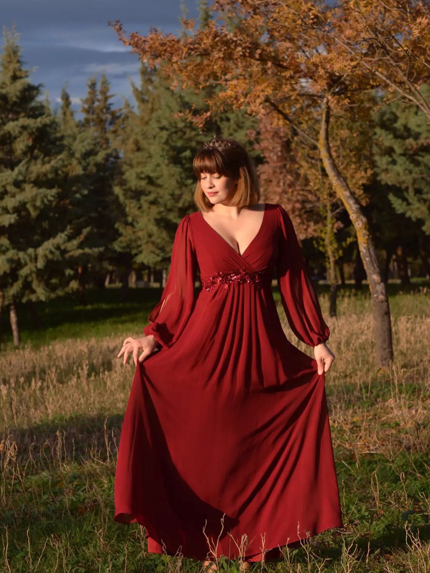 Color=Burgundy | Floor Length Long Lantern Sleeves Wholesale Formal Dresses-Burgundy 4