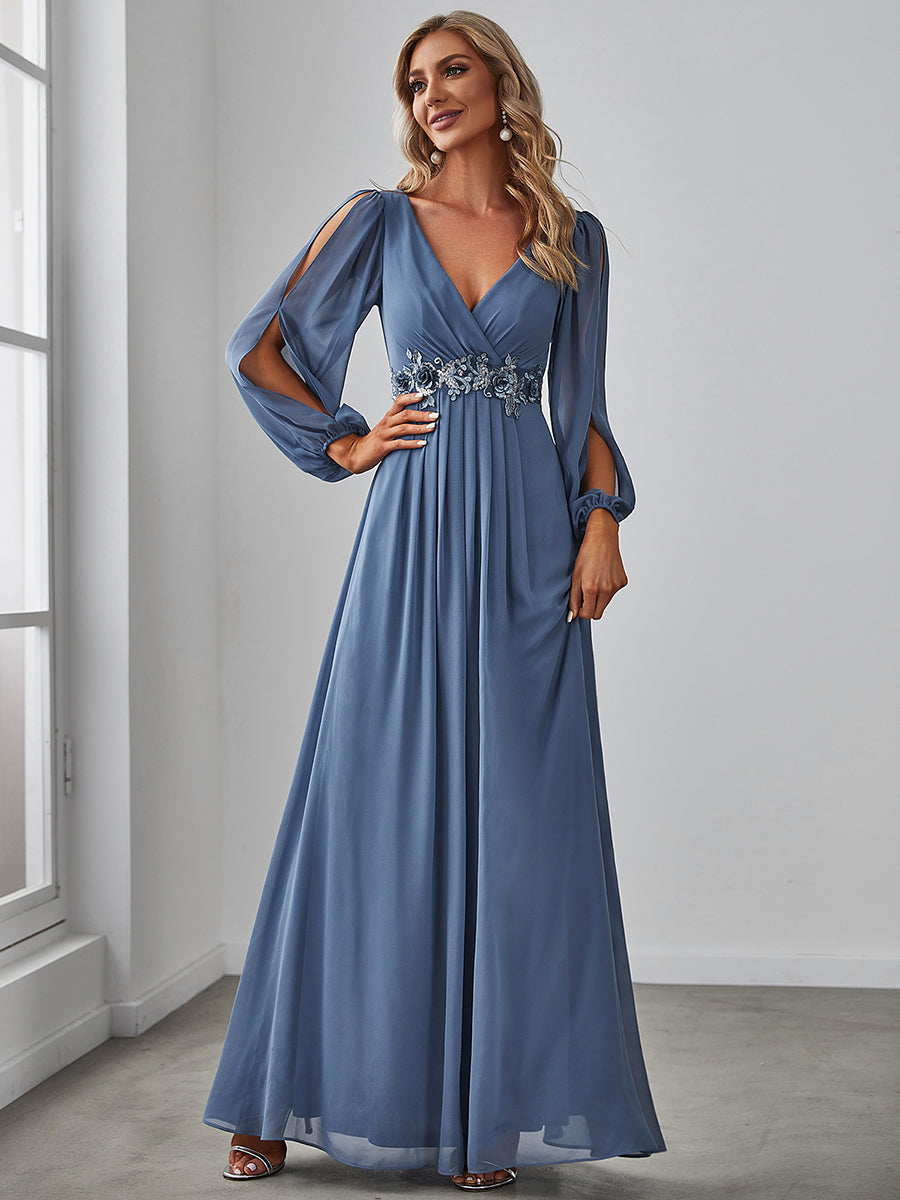 Color=Dusty Blue | Floor Length Long Lantern Sleeves Wholesale Formal Dresses-Dusty Blue 3