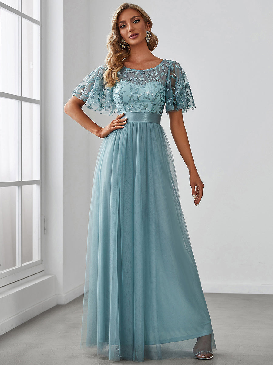 Color=Dusty blue | Sequin Print Maxi Long Wholesale Evening Dresses with Cap Sleeve-Dusty blue 1
