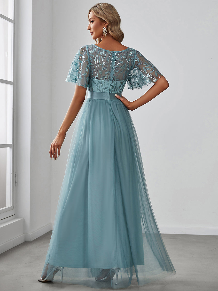 Color=Light teal | Sequin Print Maxi Long Wholesale Evening Dresses with Cap Sleeve-Dusty blue 2