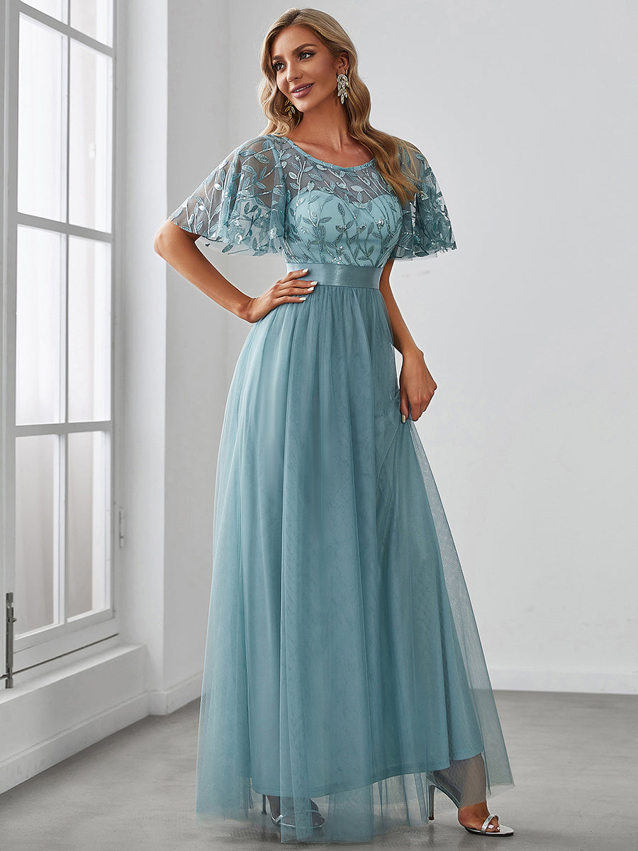 Color=Light teal | Sequin Print Maxi Long Wholesale Evening Dresses with Cap Sleeve-Dusty blue 3