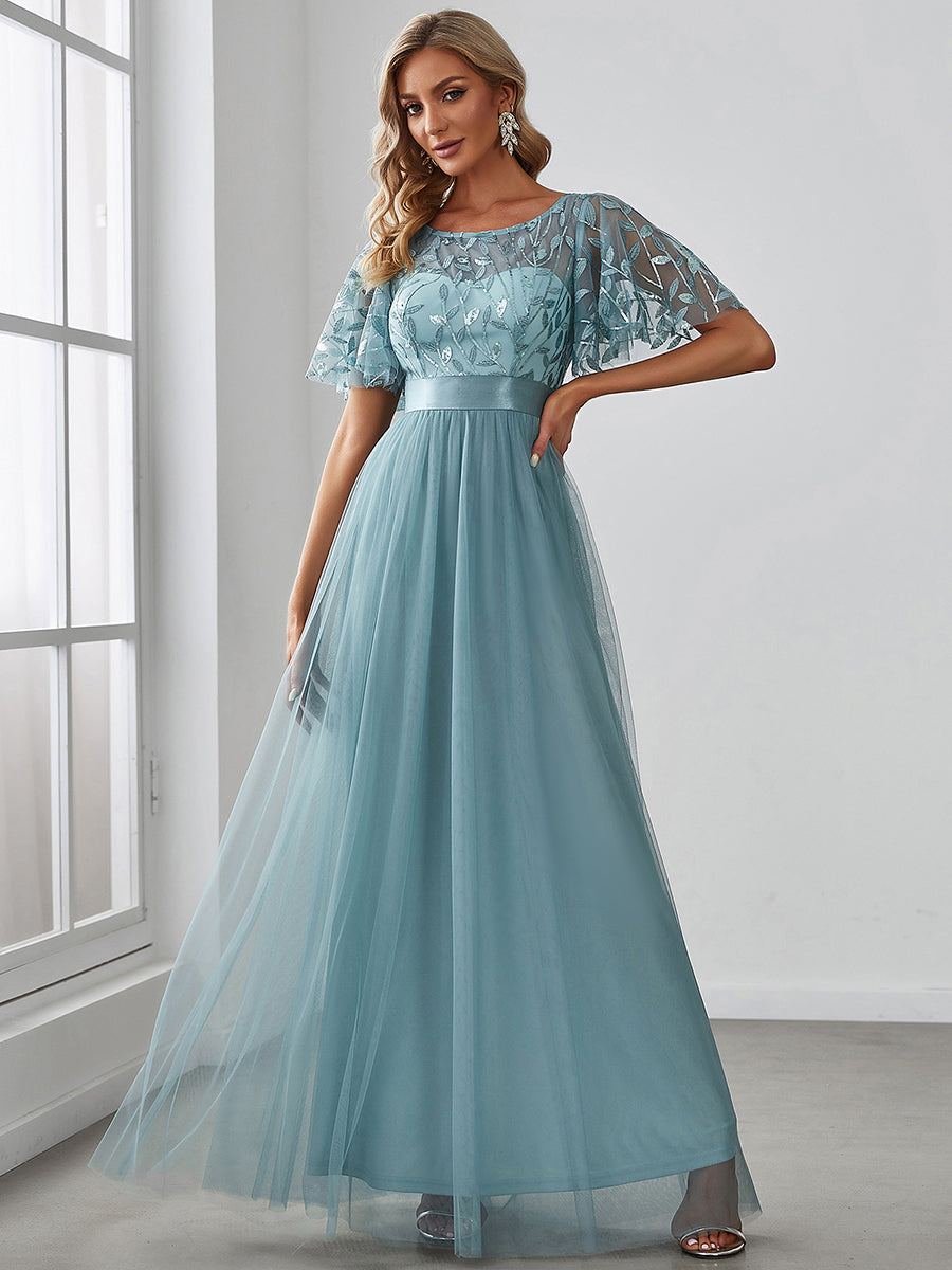 Color=Light teal | Sequin Print Maxi Long Wholesale Evening Dresses with Cap Sleeve-Dusty blue 4