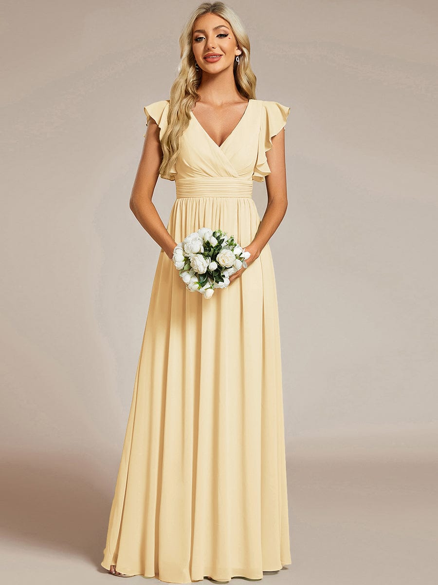 Bulk V-Neck Open Back Bridesmaid Dresses - Wholesale Chiffon Ruffled Sleeves Bulk V-Neck Open Back Bridesmaid Dresses - Wholesale Chiffon Ruffled Sleeves
