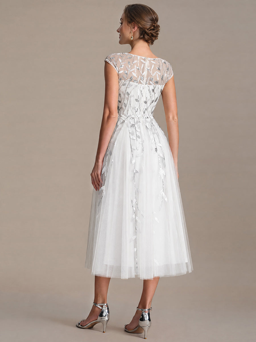 Color=White | Industrial Use Cap Sleeve See-through Patchwork A-Line Tea Length Wedding Guest Dresses-White