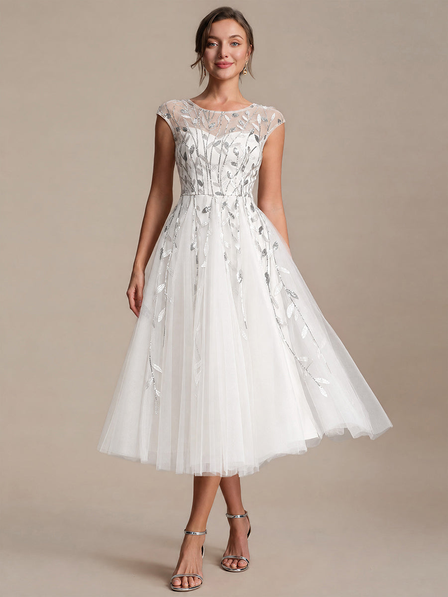 Color=White | Industrial Use Cap Sleeve See-through Patchwork A-Line Tea Length Wedding Guest Dresses-White