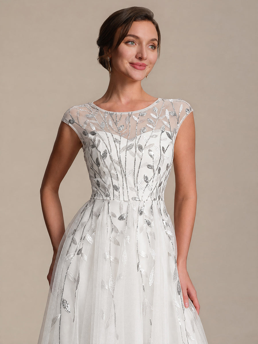 Color=White | Industrial Use Cap Sleeve See-through Patchwork A-Line Tea Length Wedding Guest Dresses-White