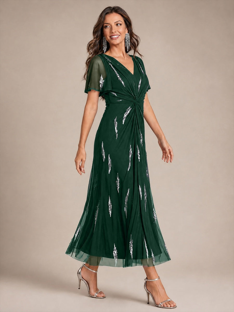 Color=Dark Green | Factory Design Short Sleeve Ruffle Sheath V-Neck High Stretch Wedding Guest Dresses-Dark Green