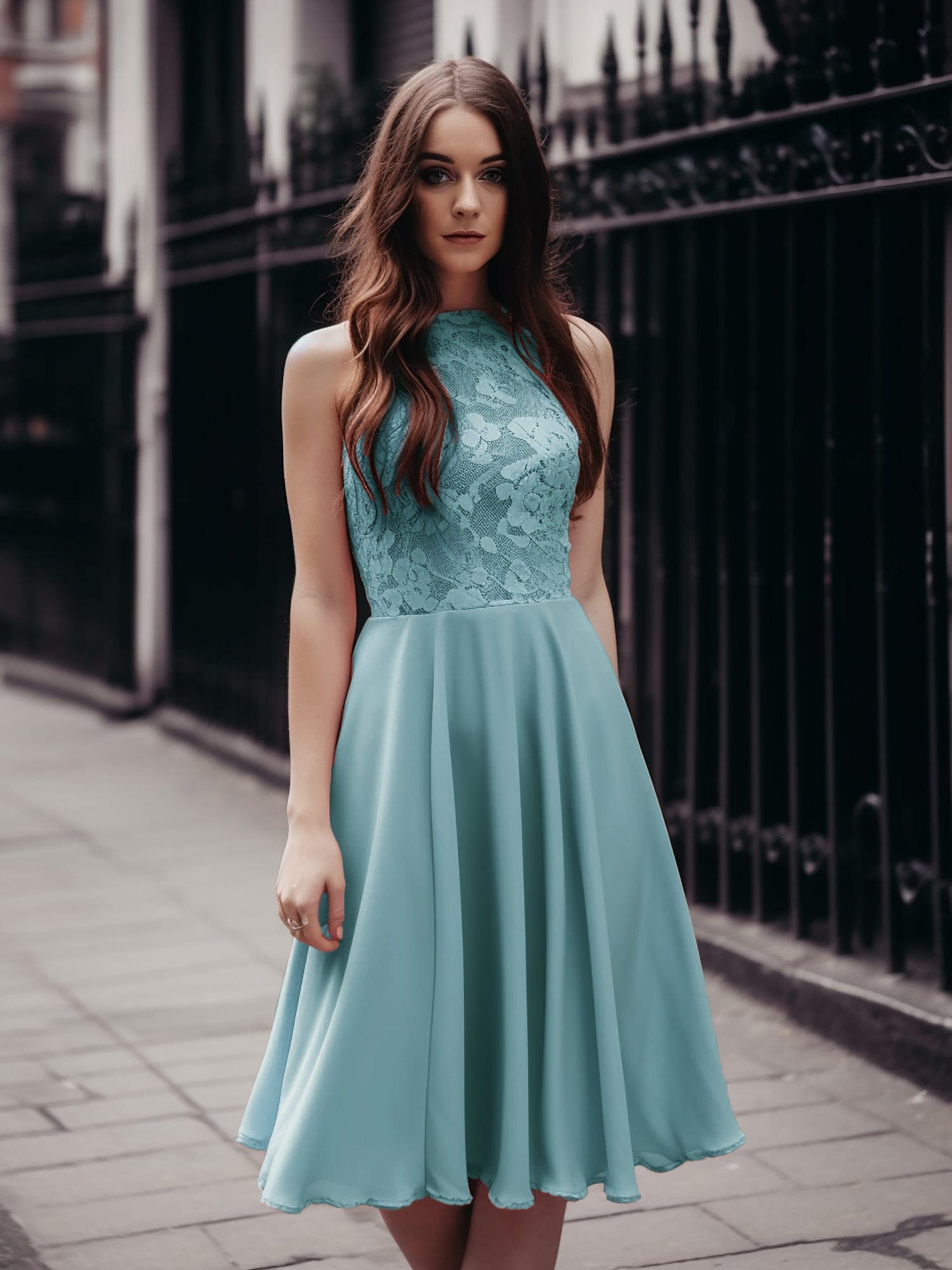Mini Lace Halter Neck Backless Chiffon Homecoming Dress#color_Dusty Blue