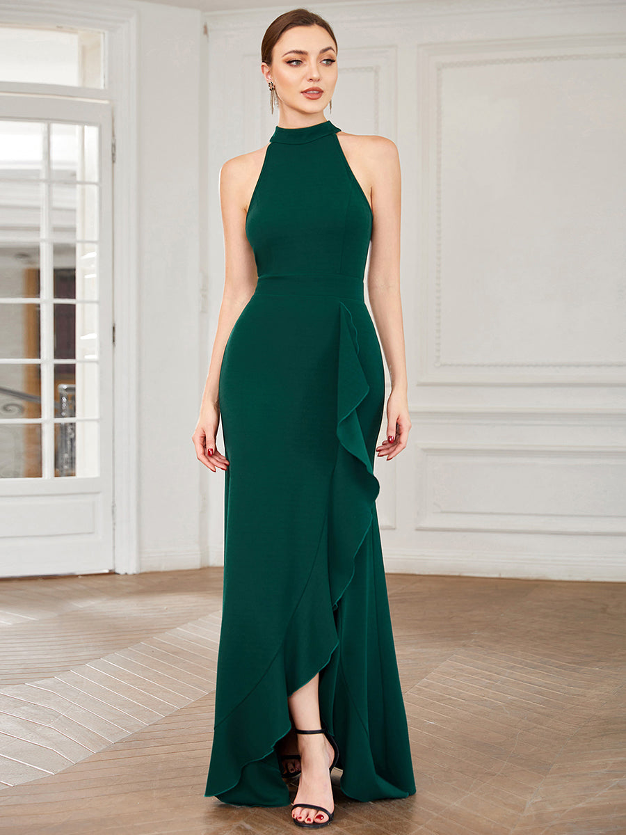 Color=Dark Green | Sleeveless Pencil Wholesale Evening Dresses with Halter Neck-Dark Green 2