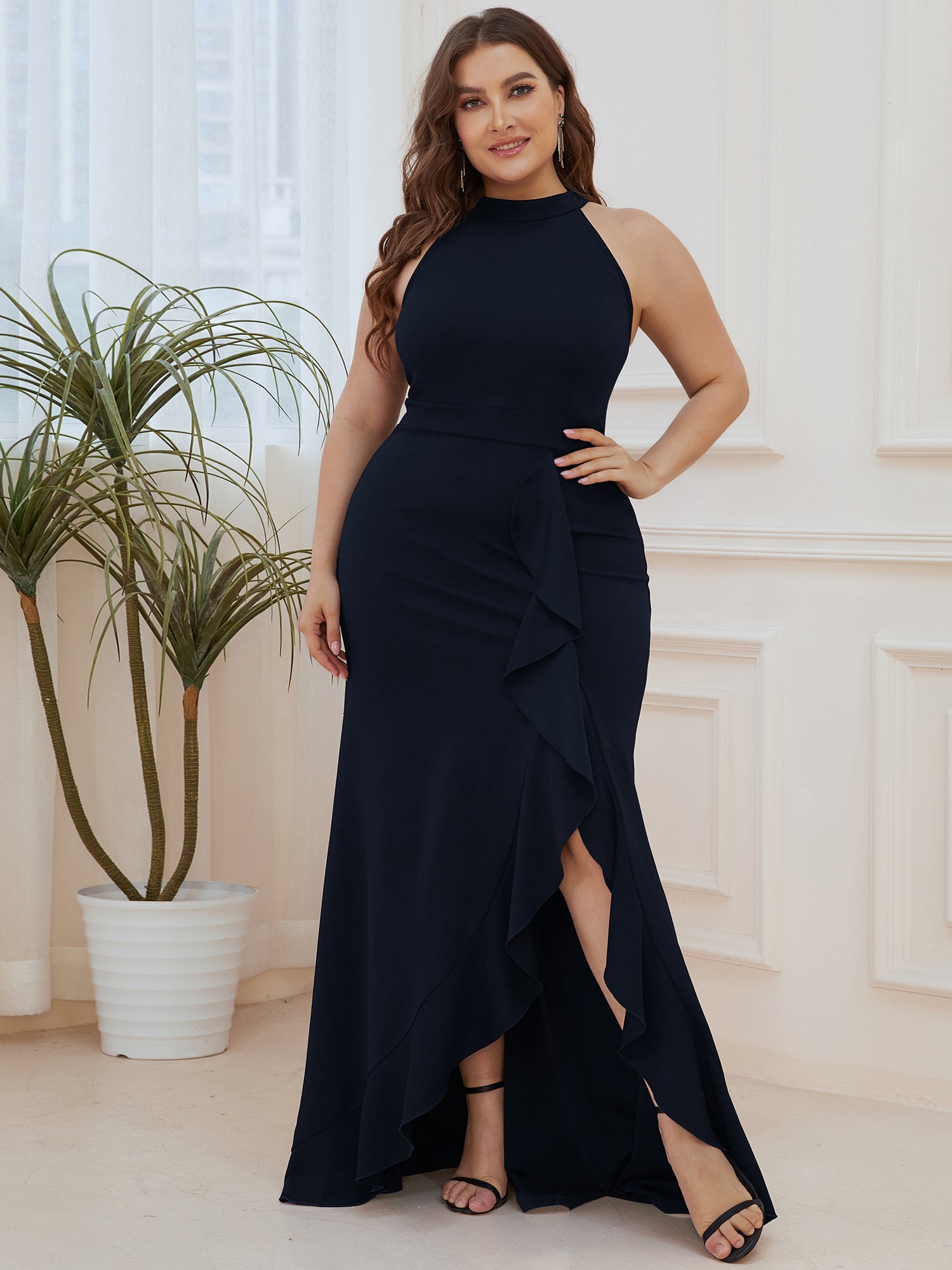 Color=Navy Blue | Sleeveless Pencil Wholesale Evening Dresses with Halter Neck-Navy Blue 1