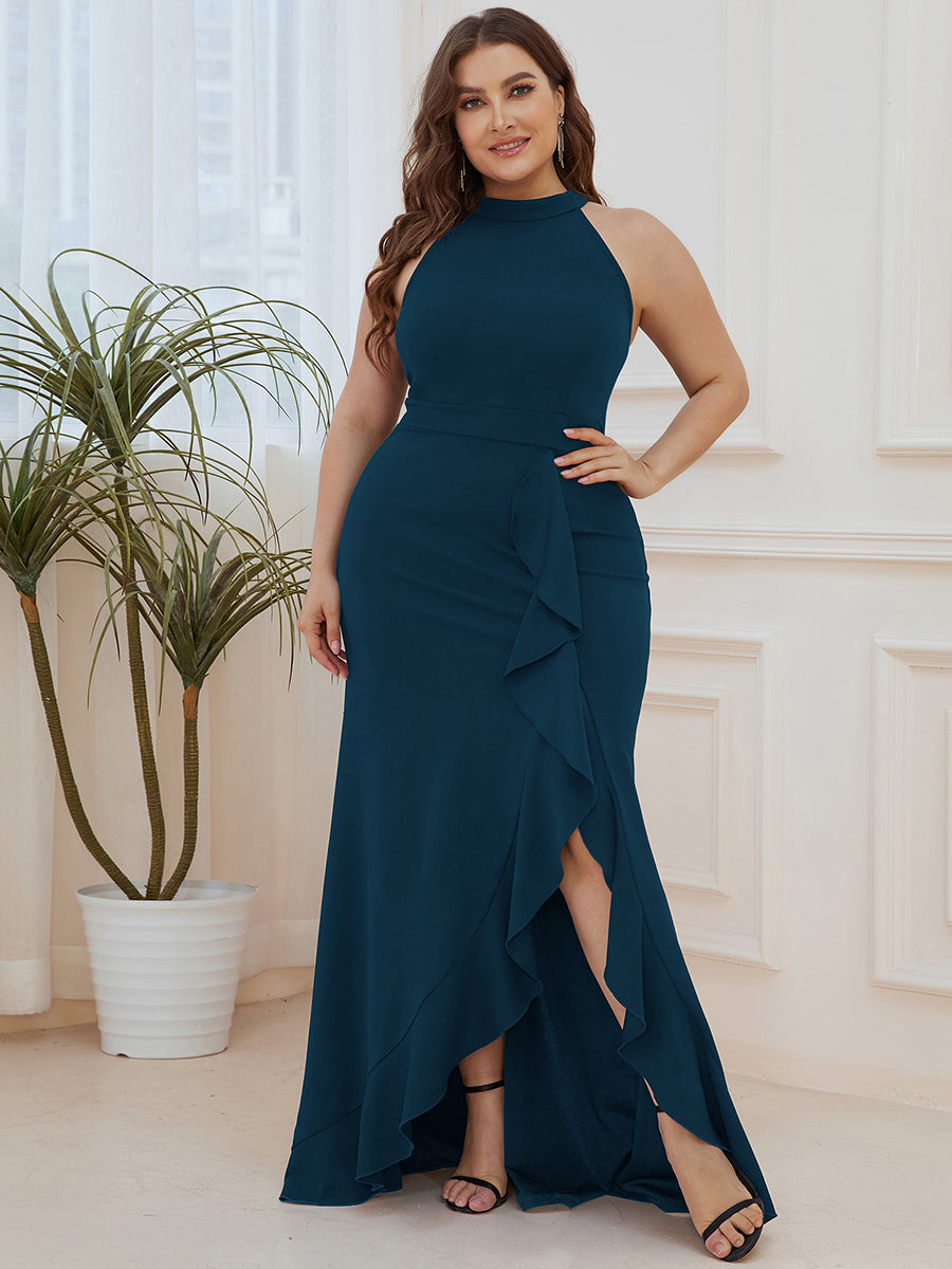 Color=Teal | Sleeveless Pencil Wholesale Evening Dresses with Halter Neck-Teal 1