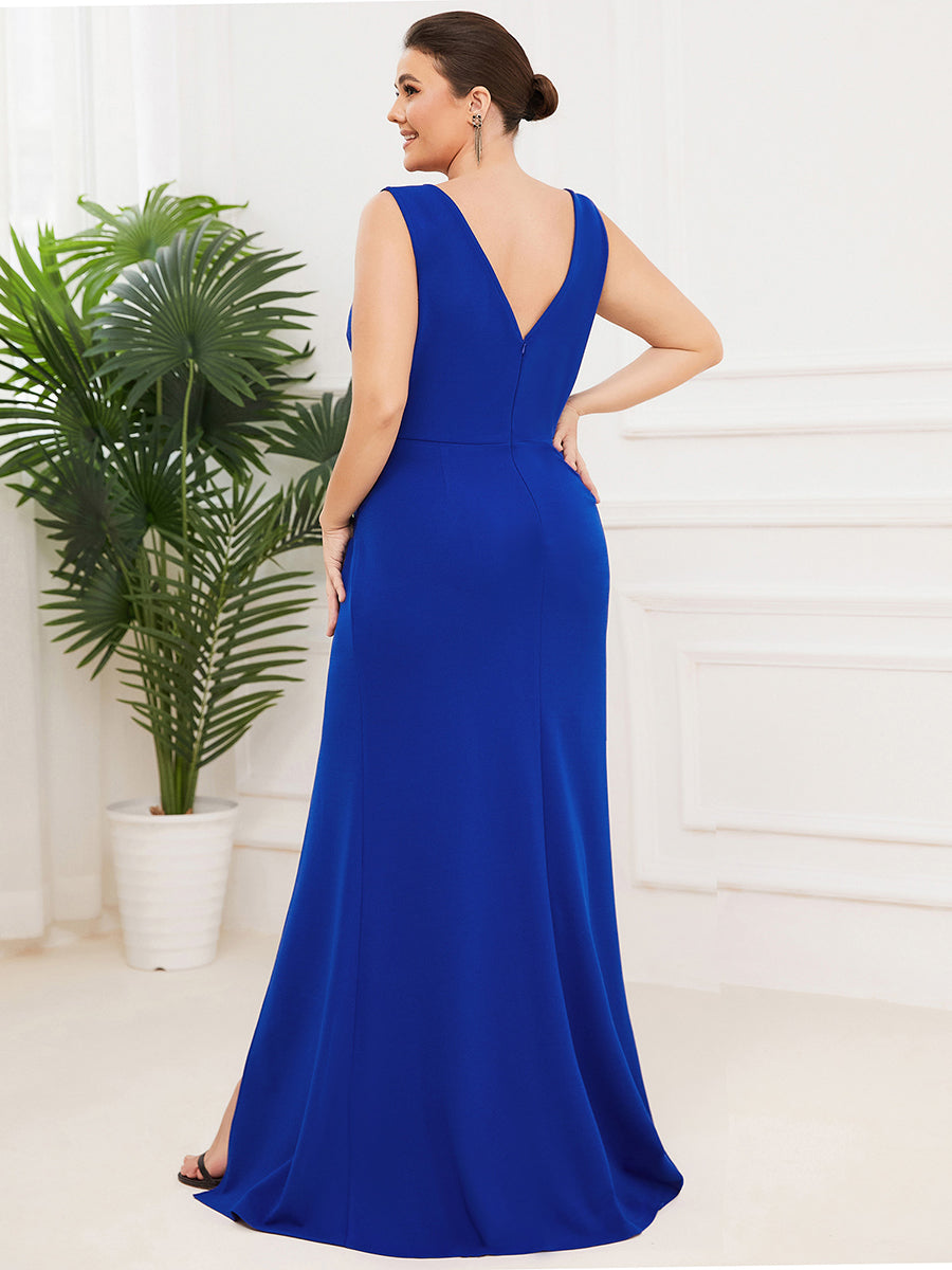 Color=Sapphire Blue | Sleeveless Pencil Split Wholesale Evening Dresses with Deep V Neck-Sapphire Blue 2
