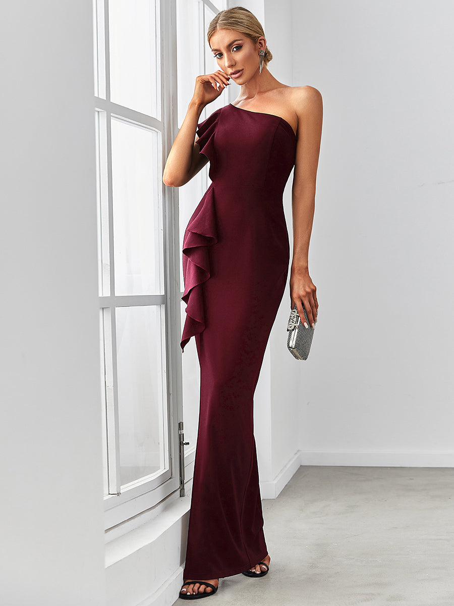 Color=Burgundy | Sleeveless Asymmetric Shoulders Pencil Wholesale Evening Dresses-Burgundy 4