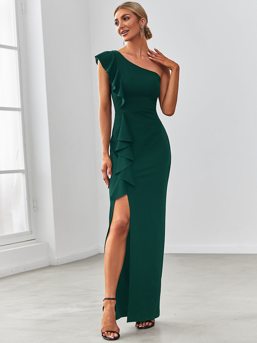 Color=Dark Green | Sleeveless Asymmetric Shoulders Pencil Wholesale Evening Dresses-Dark Green 1