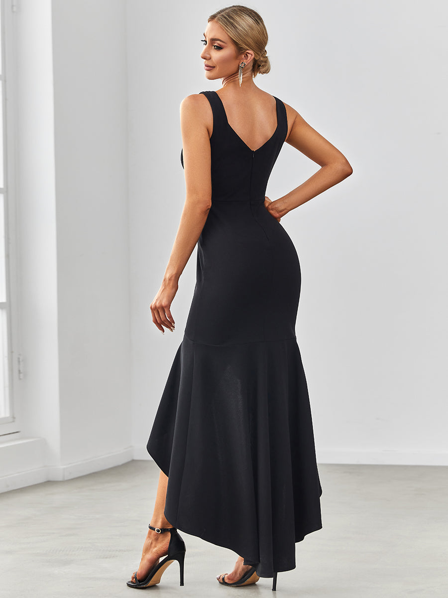 Color=Black | Fishtail Asymmetrical Hem Deep V Neck Wholesale Evening Dresses-Black 2