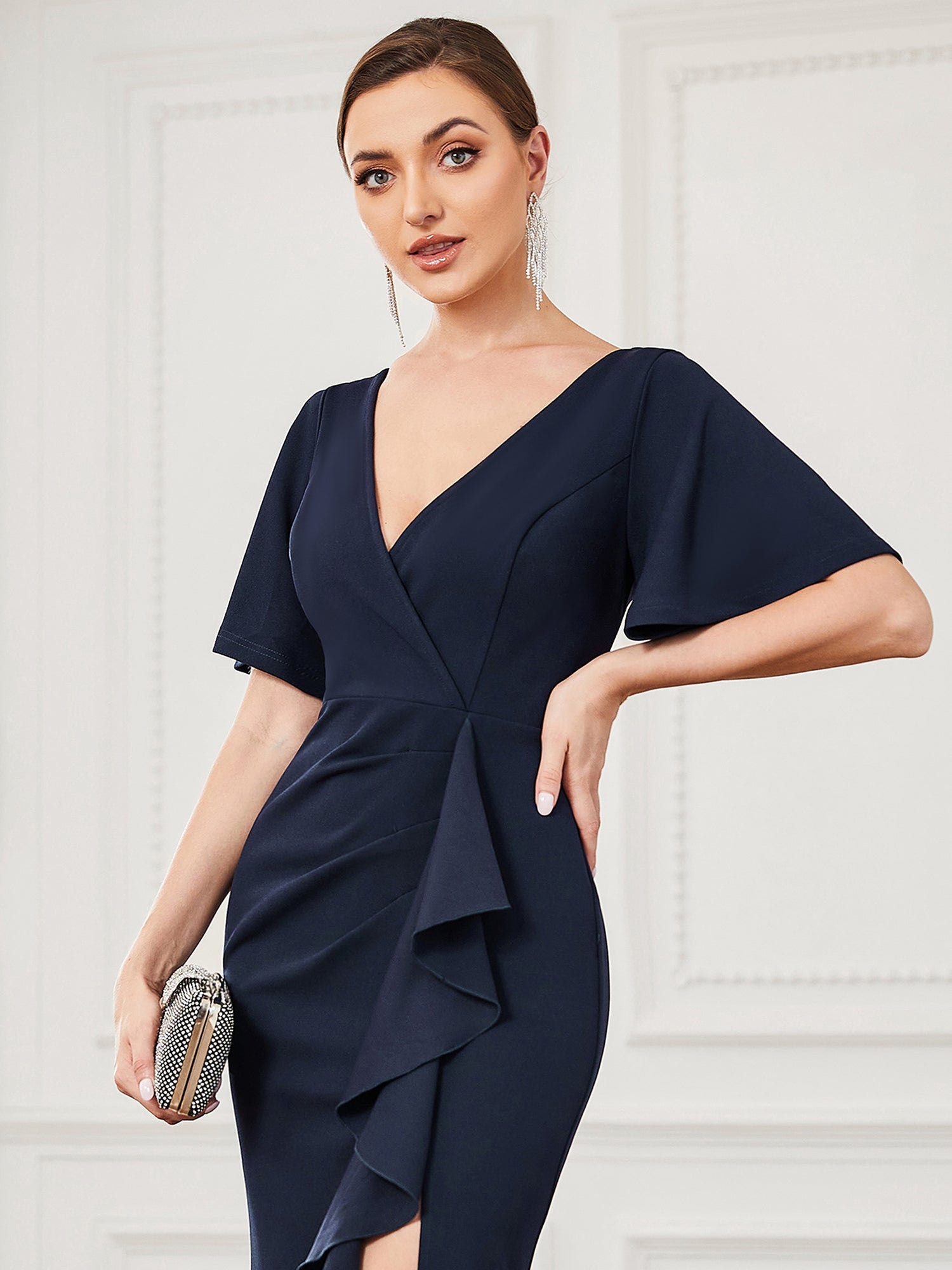 Color=Navy Blue | Fishtail Short Ruffles Sleeves Split Wholesale Evening Dresses-Navy Blue 5